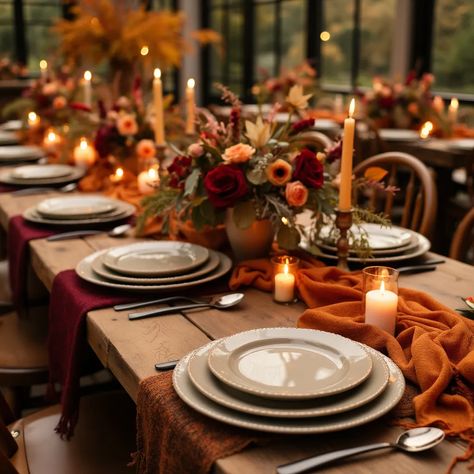 Fall colored wedding decor on tables Fall Wedding Outside Receptions, Fall Color Wedding Centerpieces, Fall Wedding Details, Fall Colored Wedding, Fall Reception Decorations, Fall Wedding Table Decorations, Rustic Fall Wedding Colors, Fall Wedding Tablescapes, Rustic Color Schemes