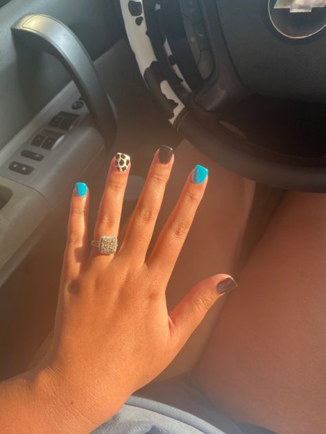 cowprint, turquoise, simple, western nails Easy Western Nails To Do At Home, Western Nails With Turquoise, Navy Blue Western Nails, Western Gel Nails Short, Black And Turquoise Nails Western, Western Turquoise Nails, Western Nails Turquoise, Easy Western Nails, Western Nails Short