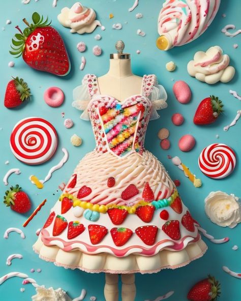 Candy Theme Outfit, Sweets Doodles, Candyland Costume, Halfling Bard, Dessert Outfit, Mother Ginger, Candy Outfit, Cake Clothes, Circus Cookies