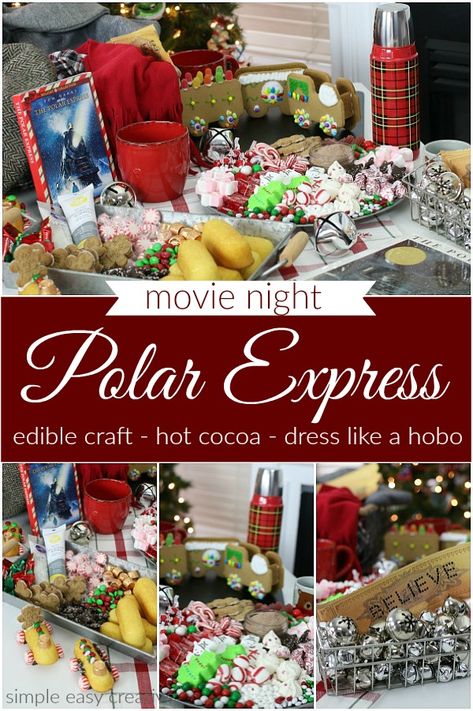 Dinner Recipes For Movie Night, Christmas Baking Aesthetic Cozy, Polar Express At Home, Polar Express Charcuterie Board, Polar Express Food Ideas Dinner, Polar Express Food Ideas Movie Nights, Polar Express Themed Dinner, Polar Express Hot Cocoa Bar, Polar Express Christmas Party Food