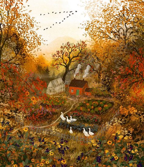 Autumn Farm, Cottage Illustration, Whimsical Autumn, Cottage Painting, Autumn Illustration, Autumn Painting, Dreamy Art, Autumn Art, Samhain