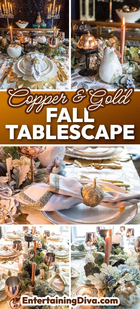 Copper & Gold Fall Tablescape | Fall Decor Gold And White Thanksgiving Table, Formal Thanksgiving Table, Fall Dinner Party Tablescape, Copper Table Setting, Gold Thanksgiving Table, Thanksgiving Tablescapes Elegant, Fall Dinner Parties, Thanksgiving Table Settings Elegant, Fall Table Setting