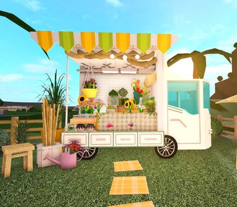 Bloxburg Lemonade Stand Ideas, Bloxburg Flower Shop Ideas, Flower Shop Bloxburg, Bloxburg Flower Shop, Bloxburg Beach House, Danish Pastel Room, Blocksburg Room Ideas￼, Town Building, Simple Bedroom Design