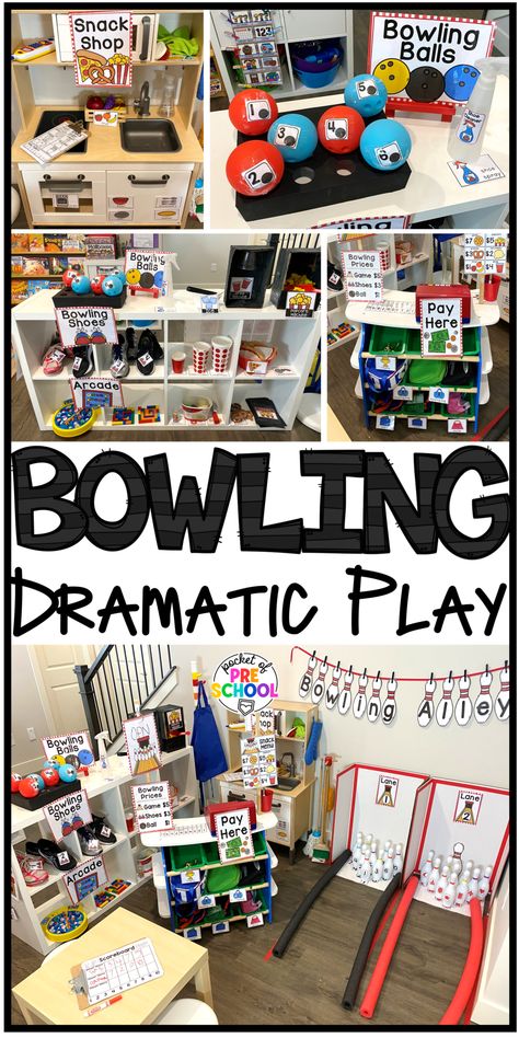 Check out this how to set up a fun and engaging bowling alley dramatic play center for preschool, pre-k, and kindergarten students to practice social skills, literacy, and math! Preschool Bowling Alley Dramatic Play, Balls Dramatic Play, Sports Dramatic Play Preschool, Creative Curriculum Ball Study Dramatic Play, Bowling Dramatic Play, Ball Dramatic Play Center, Sports Dramatic Play, Back To School Dramatic Play Center, Ball Study Dramatic Play