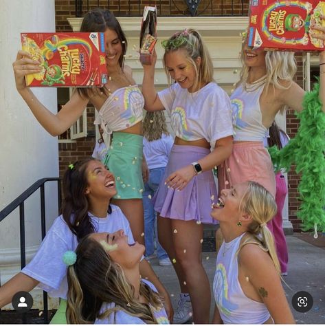 Lucky Charms Bid Day Outfits, Lucky Charm Sorority, Lucky Charm Bid Day Theme, Bid Day Activities Party Games, Rave Sorority Theme, Lucky Charms Themed Bid Day, Lucky Charms Sorority Theme, Lucky To Be Bid Day Theme, Lucky Charm Bid Day