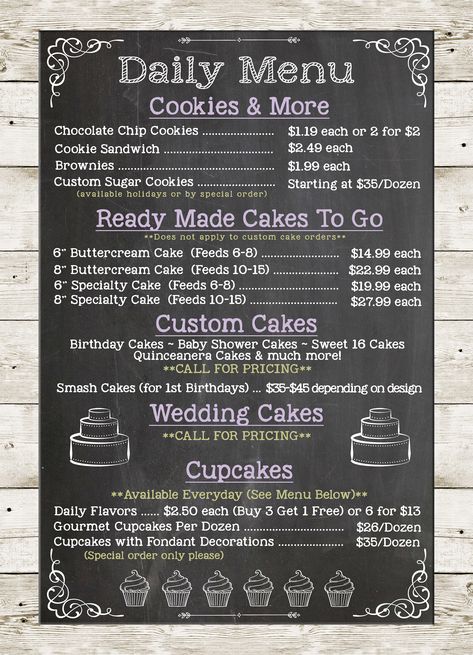 Home Bakery Ideas Desserts, Diy Menu Board For Food Truck, Bakery Board Design, Menu For Bakery, Home Bakery Menu Template, Bakery Blueprint, Bakery Food Truck Menu Ideas, In Home Bakery Ideas, Small Bakery Menu Ideas