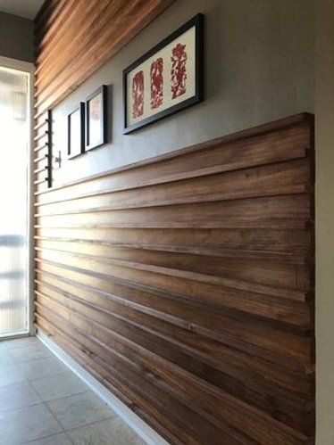 Picture of Wood Slat Wall Horizontal Wooden Slat Wall, French Cleat Office Wall, Slat Wall Horizontal, Horizontal Wood Paneling Wall, French Cleat Wall Living Room, Slatted Fireplace, Coffee Styling, Wood Panneling, Diy Wooden Wall