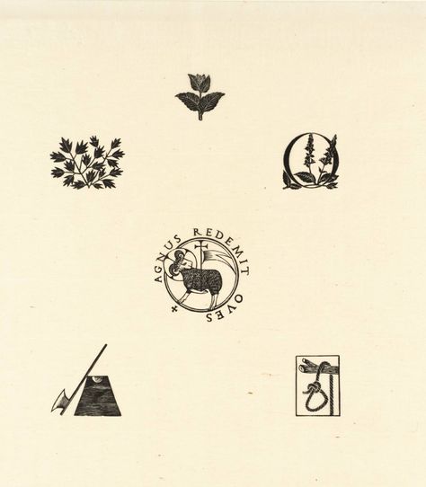 Eric Gill, ‘Spray of Leaves, Stalk, Initial O with Speedwell, Paschal Lamb, Axe & Block, and Hangman's Rope’ 1917 Paschal Lamb Tattoo, Loona Lore, Lamb Tattoo, Eric Gill, Logo Board, Woodcut Tattoo, Holding Space, Album Art Design, Painting Still Life