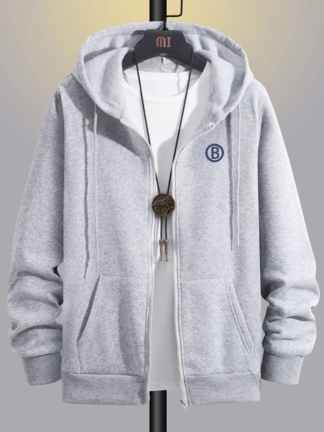 Light Grey Casual Collar Long Sleeve Fabric Letter Zip Up Embellished Slight Stretch Spring/Fall Men Hoodies & Sweatshirts Clothing Store Displays, Men Sweatshirts, Dressy Casual Outfits, Teen Boy Outfits, Men Hoodies, Baggy Clothes, Lined Hoodie, Fashion Suits For Men, Sweatshirt Zipper