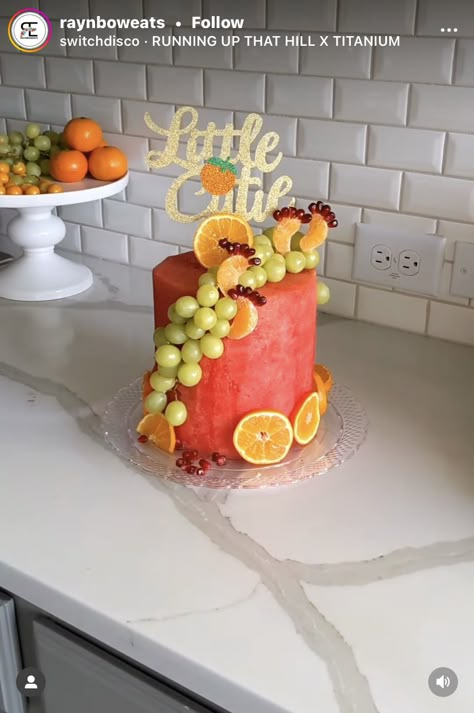 1st Birthday Cake Fruit, Fruit Shaped Cake, Fruit Bday Cake, Fruit Themed Smash Cake, First Birthday Fruit Theme, Smash Cake Watermelon, Dragon Fruit Cake Decoration, Fruit Cake Smash First Birthdays, Fruit Cake For Baby