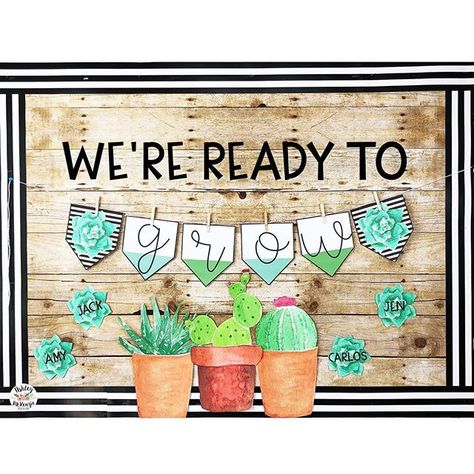 Welcome your students with a fun succulent and cactus themed bulletin board! It matches the decor pack already posted in my store. If you… Succulent Classroom, Ashley Mckenzie, Classroom Door Decor, Cactus Classroom, Farmhouse Classroom, Sped Classroom, Modern Classroom, Toddler Classroom, Class Theme