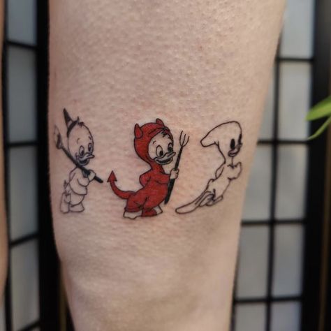 Cartoon Sibling Tattoos, Disney Trio Tattoos, Small Disney Halloween Tattoos, Chick And Duck Tattoo Friends, Chip N Dale Tattoo, Halloween Disney Tattoo Ideas, Huey Dewey And Louie Halloween, Disney Halloween Tattoos, Spooky Disney Tattoo