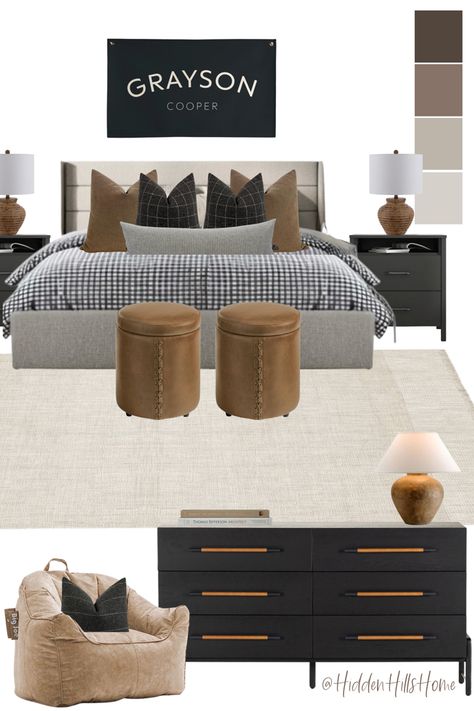 Teen boys bedroom decor mood board with black and brown tones throughout! Masculine bedroom decor ideas for a boys room Teen Boy Bedroom Decor, Teen Boys Bedroom, Boys Bedroom Furniture, Boy Bedrooms, Boys Bedroom Makeover, Big Boy Bedrooms