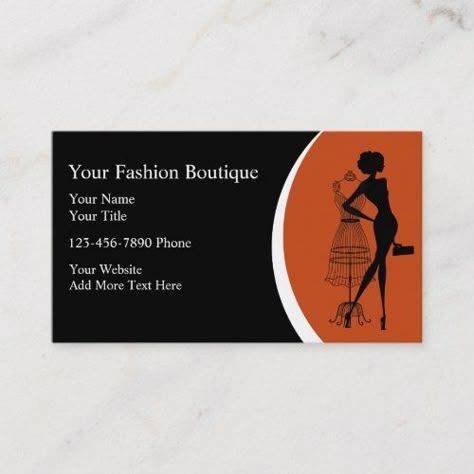 Clothing Boutique Business Cards Clothing boutique business cards with image of fashion lady and dress frame along with text space you can personalize and burnt orange design element. Change the black background color and make this your own. Best business cards for a dress shop, clothing, or seamstress. #FashionDesignersBusinessCards Ladies Tailor Visiting Card Design, Clothing Business Cards Ideas, Boutique Visiting Card Designs, Dress Logo Design Ideas, Boutique Business Cards Ideas, Logo Design Ideas Fashion Clothing, Business Cards Ideas Design, Clothing Business Cards, Fashion Business Cards Creative