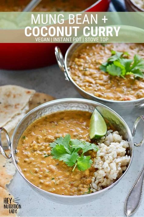 Mung Bean and Coconut Curry! This easy vegan curry is packed with Indian flavours, coconut milk, cilantro, and lime. It's incredibly easy and can be made in the Instant Pot or on the stove top. Grab the recipe and let's get started! #curry #vegan #beans #mungbeans #coconut #cilantro #indian #easy #instantpot #recipe #vegetarian #healthy Easy Vegan Curry, Resep Makanan Beku, Curry Recipes Vegetarian, Vegan Curry Recipes, Beans Curry, Recipe Vegetarian, Vegetarian Curry, Dal Recipe, Beans And Rice