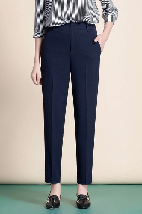 Navy High Waist Straight Trousers Women Formal Pants Trousers, Trouser Pants For Women Work Outfits, Women Pants Formal, Formal Trousers Women High Waisted, Formal Pants For Women High Waist, High Waisted Straight Pants, Trouser Formal Women, Straight Trousers Women, Formal Pent Design For Women