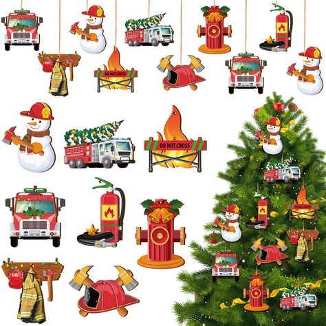 PRICES MAY VARY. Package Includes: you are offered 32 pieces firefighter gifts in 8 different patterns, adequate quantity and various styles to meet your multiple needs of decorating and sharing; The rope is included, convenient for your use Firefighting Theme: these fire department gifts apply some classic elements of firefighting, including fire extinguishers, fire trucks, fire uniforms, etc., with subtle designs and bright colors to match firefighting theme parties Check the Size: the fireman Fire Department Christmas, Christmas Party Accessories, Firefighter Decor, Firefighter Gifts, Fire Extinguishers, Theme Parties, Christmas Ornament Sets, Christmas Designs, Fire Department