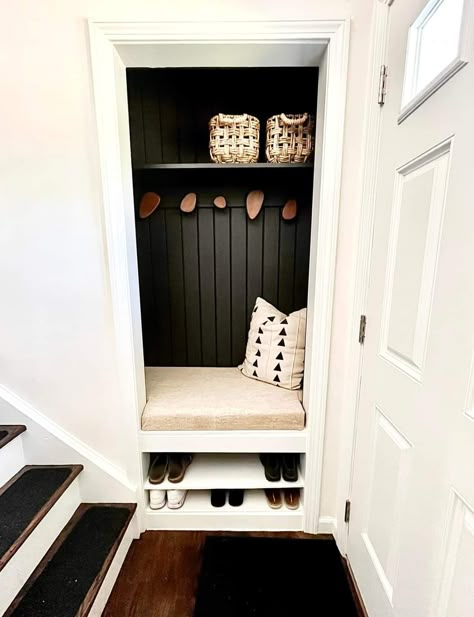 Closet On Stair Landing, Living Room Coat Closet, Entrance Coat Closet, Small Front Entrance Closet Ideas, Owners Entry Ideas, Small Front Hall Closet Makeover, Coat Closet Renovation, Entry Hallway Closet Ideas, Small Entryway Coat Closet