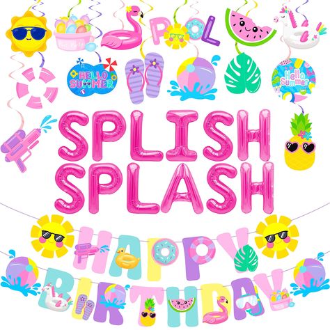 PRICES MAY VARY. ❤【Abundant splish splash birthday decorations】Our splish splash birthday decorations includes a summer pool themed birthday banner, 12 "splish splash" lettering aluminum foil and 20 pool party hanging swirls(among which there are 18pcs pool theme hanging swirls with different patterns, and 2pcs spiral ornaments without pattern but with double whirls). ❤【Premium pool party hanging swirls decorations】Pool party hanging swirls decorations features premium double-sided printed cards Swimming Themed Birthday Party, Summer Themed Birthday Party, 7th Birthday Party For Girls Themes, 7th Birthday Party For Girls, Summer Birthday Party Decorations, Summer Birthday Themes, 6th Birthday Girls, Pool Party Themes, Tropical Party Decorations