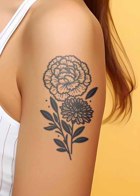 November Birth Flower Tattoo Chrysanthemums, Chrysanthemum Tattoos, Carnation Flower Tattoo, Marigold Tattoo, Carnation Tattoo, Tattoo Black And Grey, Flowers Represent, November Birth Flower, Daffodil Tattoo