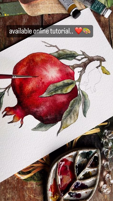 ✨Pomegranate.. relaxing tutorial on Patreon, link in bio ✨ #waterblog #watercolorbotanicals #illustrationnow #inspiring_watercolors… | Instagram Pomegranate Watercolor Painting, Pomegranate Watercolor, Watercolor Pomegranate, Watercolor Fruits, Pomegranate Art, Watercolor Beginner, Watercolor Fruit, Watercolor Lessons, Watercolor Paintings Easy