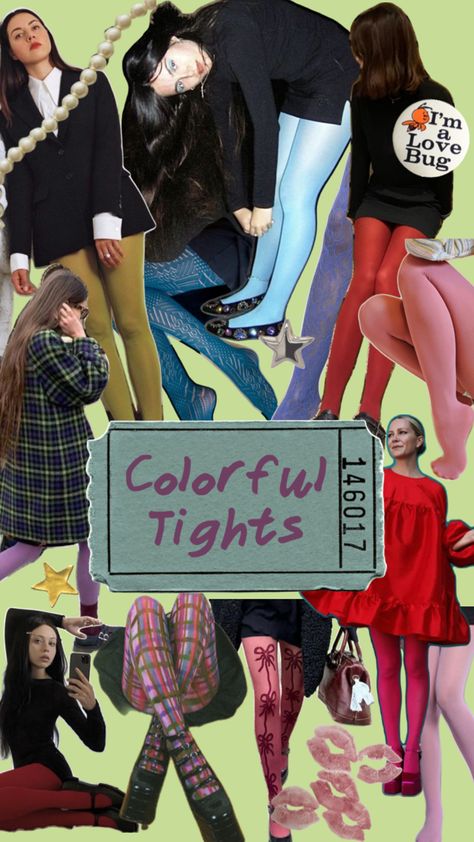 Outfit With Colored Tights, Colour Tights Outfit, Bright Tights Outfit, Colorful Christmas Outfit, Colorful Stockings Outfit, Colored Stockings Outfit, Fun Tights Outfit, Funky Tights Outfits, Fun Prints Fashion