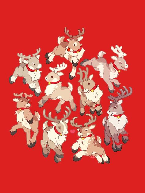 "Santa's Reindeer" T-shirt by ArthurNath | Redbubble Raindeer Drawing Reference, All Of Santa’s Reindeer, Reindeer Drawing Cute, Reindeer Character Design, How To Draw A Reindeer, Cute Reindeer Drawing, Christmas Character Art, Christmas Reindeer Drawing, Rudolph Drawing