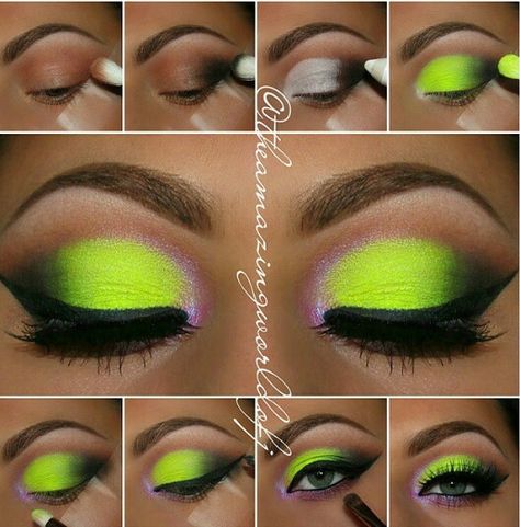 Eye Makeup Pictorial, Neon Green Eyeshadow, Colorful Eye Makeup Tutorial, Make Up Yeux, Maquillage Yeux Cut Crease, Makeup Pictorial, Neon Makeup, Pink Eye Makeup, Makeup Face Charts