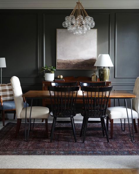 Still shots from our moody dining room 😎📸 The beautiful rug from @loloirugs was the final thing we needed to complete this room 🖤 ✨Comment LINK for a DM to shop✨ #moodydiningroom #darkdiningroom #urbanebronze #plaidcurtains #moodyrug Moody Dining Room, Dark Dining Room, Dining Room Accent Wall, Dramatic Walls, Dream Dining Room, Plaid Curtains, Green Dining Room, Room Accent Wall, House Dining Room