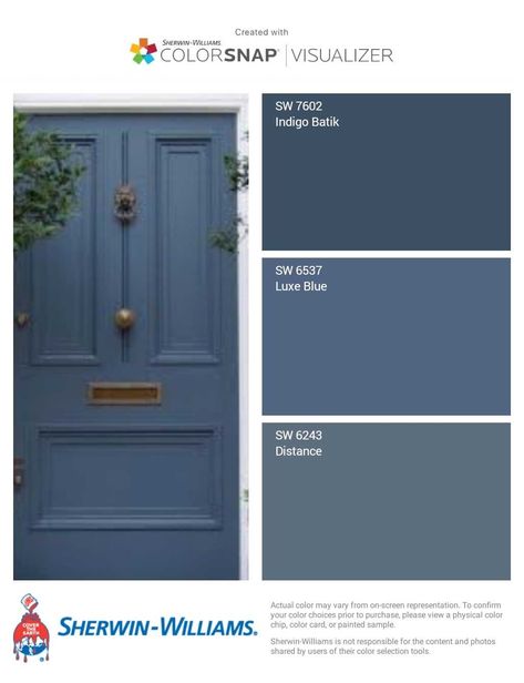 Front door slate blue color options. Color matched by Sherwin Williams. Luxe Blue. Indigo Batik. Distance. Best Sherwin Williams Gray, Sherwin Williams Gray Paint Colors, Sherwin Williams Paint Gray, Paint Combos, Gray Paint Colors, Exterior Door Colors, Diy Exterior, Color Door, Door Painting