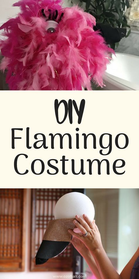 Flamingo Costume Diy, Flamingo Halloween Costume, Flamingo Halloween, Diy Costume Ideas, Sew Halloween Costume, 1 Minute Video, Be A Flamingo, Flamingo Costume, Feather Boas