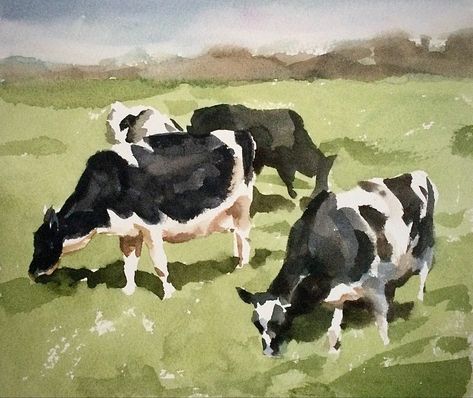 Watercolour sketch of Freesian Cows in the Cotswolds Cow Watercolour Painting, Cow Sketch Easy, Cows Watercolor, Cow Watercolor Painting, Watercolour Cow, Watercolor Cows, Easy Horse Drawing, Animal Drawing Inspiration, Cow Sketch