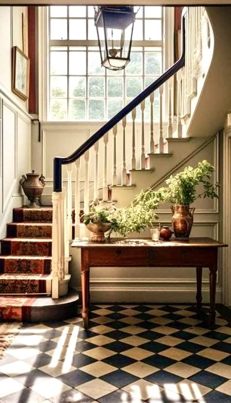 Checkerboard Living Room Floor, Inside Tudor Homes, Wooden Checkerboard Floor, Victorian Home Entrance, Checkerboard Floor Hallway, Checked Tile Floor, Checkerboard Foyer, Classic Flooring Ideas, House Entrance Tiles