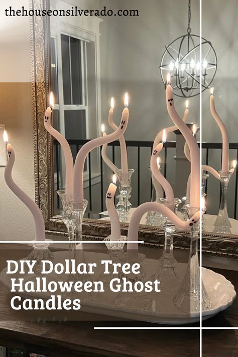 Halloween Ghost Candles, Ghost Candlestick Diy, Diy Ghost Candlesticks, Ghost Candle Sticks, Halloween Candlesticks Diy, Diy Dollar Store Decor, Halloween Candelabra Ideas, Ghost Candles Diy, Dollar Tree Halloween Diy 2024