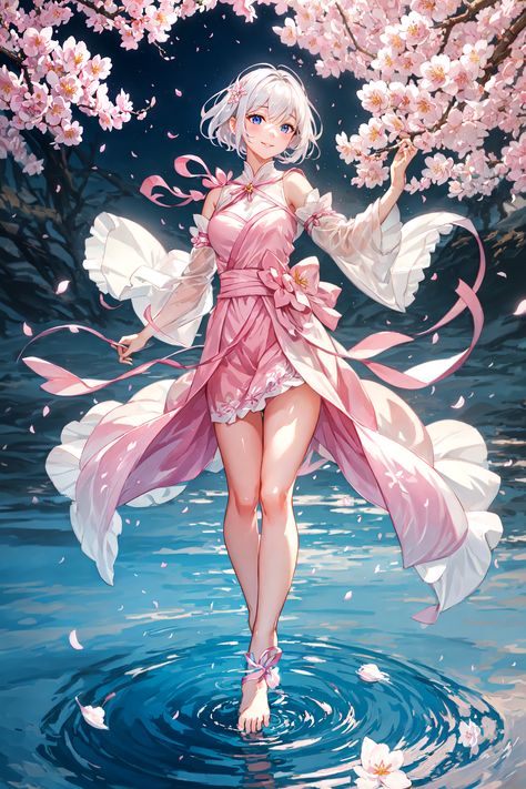 "Unlock a World of Ethereal Beauty: Dive into a serene fantasy with our digital painting of a smiling, silver-haired maiden amidst cherry blossoms and glowing lanterns. Let her magical, moonlit river enchant your dreams. Perfect for dreamers seeking an otherworldly escape. 🌸✨ #FantasyArt #SakuraMagic" Cherry Blossom Fashion, Cherry Blossom Outfit, Illustration Poses, Anime Nature, Enchanted Characters, Anime White, Hair White, Cute Anime Chibi, Manga Cosplay