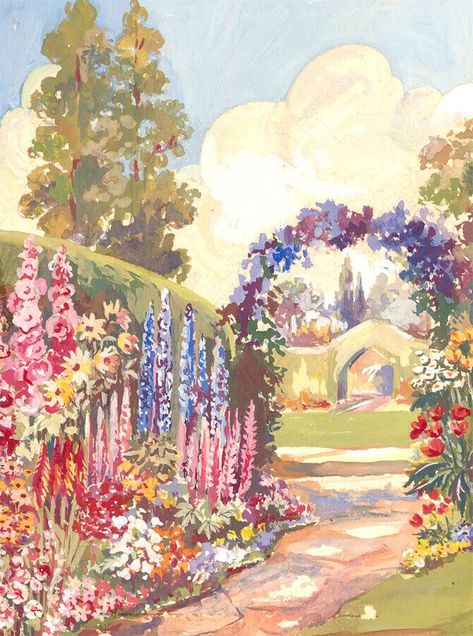 20th Century Gouache - Summer Garden Painting Garden, Painting Inspo, Garden Painting, Garden Items, Gouache Painting, Summer Garden, Summer Flowers, Wall Art Painting, Beautiful Gardens