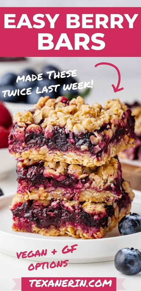 Berry Bars (vegan, gluten-free options) - Texanerin Baking Berry Oat Bars Healthy, Mixed Berry Oat Bars, Berry Easy Jam Bars, Gluten Free Berry Crumble, Oat Berry Bars, Oatmeal Berry Bars, Berry Bars Recipe, Gluten Free Dairy Free Bars, Gluten Free Berry Desserts