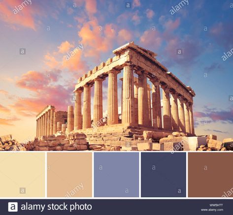 Download this stock image: Color matching palette from picture of Parthenon on the Acropolis in Athens, Greece, on a sunset - WW5HTT from Alamy's library of millions of high resolution stock photos, illustrations and vectors. Artsy Boy, The Acropolis, Sunset Images, Canvas Drawing, Acropolis, Athens Greece, Ancient Greece, Greece Travel, Photo Colour