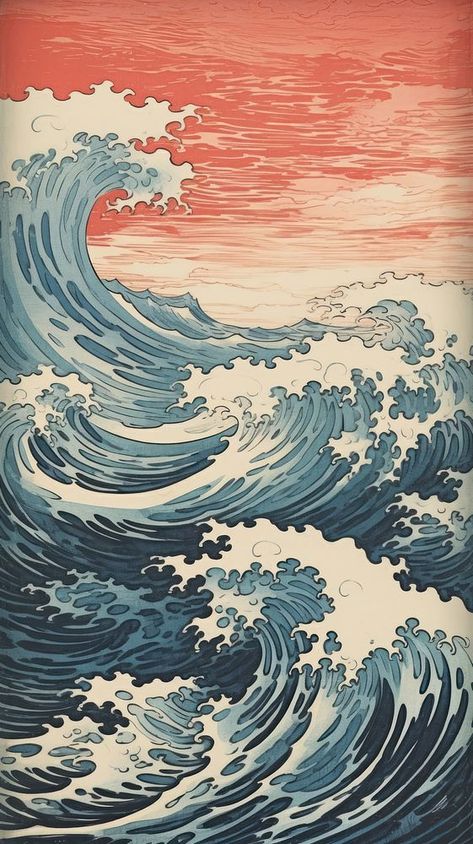 Japanese Sea Art, Sea Waves Illustration, Japanese Ocean Art, Japan Illustration Art, Ocean Waves Illustration, Japan Wave, Japanese Images, Drawing Japanese, Japanese Ocean