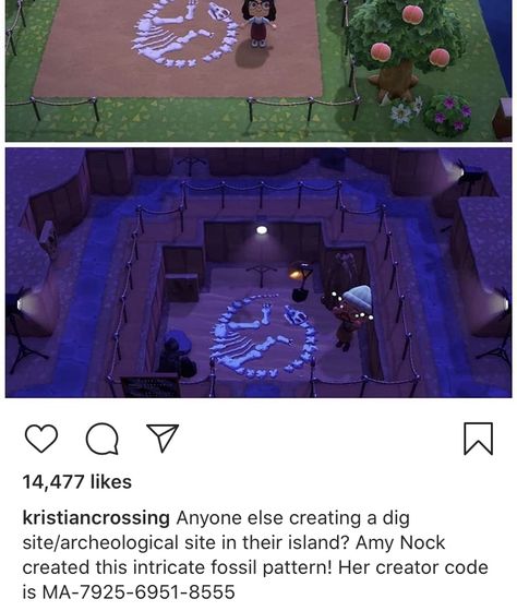 Acnh Dinosaur Dig, Animal Crossing Dinosaur Design, Acnh Jurassic Park Design, Acnh Dig Site Ideas, Dinosaur Animal Crossing, Acnh Dinosaur Designs, Acnh Dinosaur Island, Acnh Fossil Dig Site, Acnh Dig Site