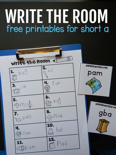 This write the room freebie is a fun way for kindergarten kids to practice CVC words with the short a vowel. Simply post the pictures around the room and have kids copy or unscramble the words onto their recording sheets. #writetheroom #kindergarten #kindergartenfreebie #phonics #CVCwords Kindergarten Write The Room Free, Vowels Kindergarten, Short A Words, A Words, The Measured Mom, Measured Mom, Cvc Words Kindergarten, Kindergarten Freebies, Literacy Centers Kindergarten