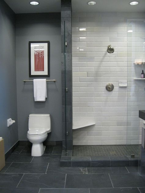 I like the medium grey floor, light white shower tile and really light grey walls.   maybe a glass tile accent stripe in the shower? Tubs Ideas, Black Slate Floor, Masculine Bathroom, Subway Tile Showers, Bilik Air, Grey Floor Tiles, Tile Layout, Decor Baie, Basement Bathroom