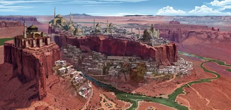 Desert Cities, Dnd Desert City, Desert City Concept Art, Fantasy Desert City Concept Art, Desert City, Desert Fantasy Art Cities, Canyon City Concept Art, Canyon Concept Art, Canyon City