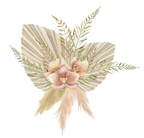 Pastel Colors For Wedding, Watercolor Bouquet Of Flowers, Dried Palm Leaves, Pastel Beige, Hand Drawn Floral, Watercolor Bouquet, Drawn Floral, Floral Illustration, Bouquet Of Flowers