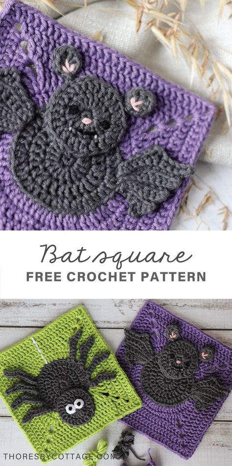 A grey crocheted bat square with a purple background, next to a green spider square. Crochet Bat, Granny Square Crochet Patterns Free, Halloween Crochet Patterns, Crochet Design Pattern, Crochet Fall, Holiday Crochet, Crochet Square Patterns, Granny Squares Pattern, Granny Square Crochet Pattern