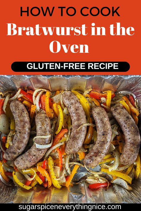 Bratwurst cooked in the oven with pepper and onion Oven Baked Brats, Bratwurst In The Oven, Baked Brats, Brats With Peppers And Onions, Bratwurst Oven, Baked Bratwurst, Bratwurst Dinner, How To Cook Bratwurst, Bratwurst Recipe