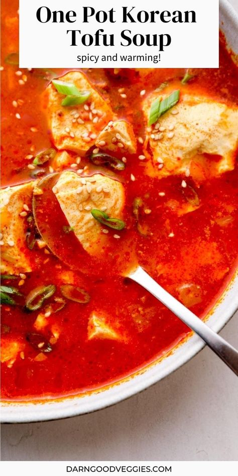 Korean Tofu Soup - a favorite one pot meal with fragrant garlic, spicy kimchi, and soft silken tofu. Ready in 30 minutes! This easy recipe is vegan, with a vegetarian option. Or add a protein! Korean Tofu Recipes, Korean Tofu Soup, Spicy Soup Recipes, Silken Tofu Recipes, Korean Tofu, Spicy Kimchi, Tofu Soup, Vegan Asian Recipes, Curry Stew