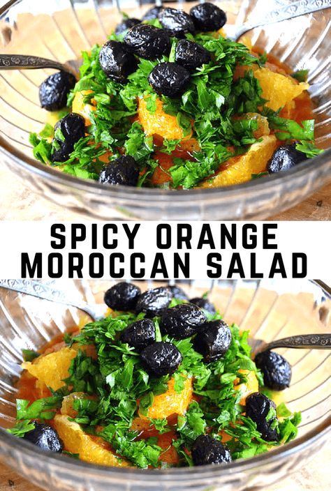 Spicy Orange Moroccan Salad ~ With fresh juicy oranges paired with earthy oil cured olives, tons of fresh parsley and a burst of cayenne, this unusual Middle Eastern citrus salad will blow you away. #salad #citrussalad #oranges #moroccan #sidedish @northafrican #olives #paleo #whole30 #glutenfree #weightwatchers #lowcarb #fruitsalad Moroccan Cuisine Recipes, Moroccan Salads, Unusual Salads, Moroccan Salad Recipe, Moroccan Salad, Moroccan Cooking, Moroccan Dishes, Middle East Recipes, Citrus Salad