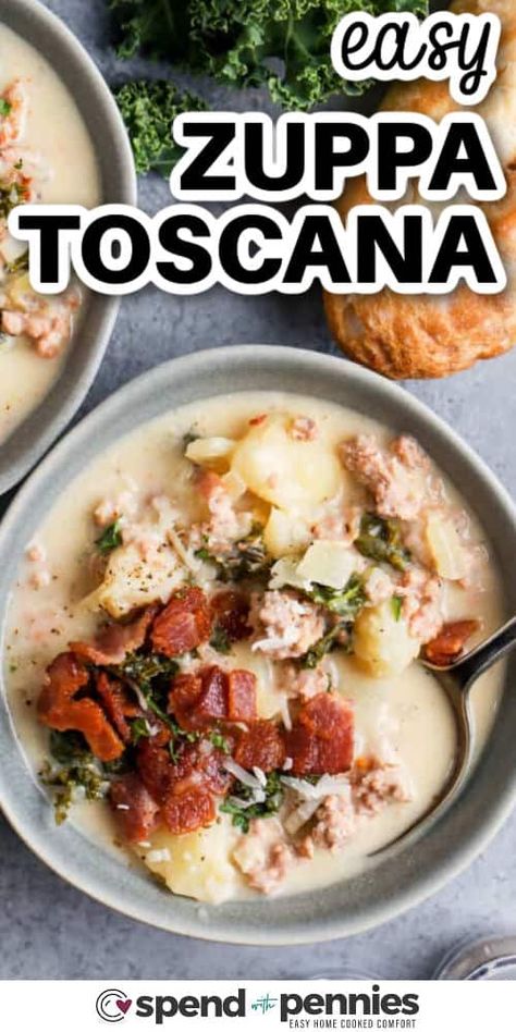 Make a copycat recipe of Olive Garden's Zuppa Toscana at home and skip the restaurant. This addition of bacon and sausage gives the base of this soup a hearty, savory, and meaty profile. Adding some potatoes and kale adds earthy and fresh undertones. And finally, the addition of heavy cream makes this broth so luxuriously creamy and smooth. And it is so versatile, make it on the stove, in the crockpot, or the Instant Pot. #spendwithpennies Cream Based Soup Recipes, Toscano Soup, Zuppa Toscano, Dinner Soups, Italian Soups, Potatoes And Kale, Potatoes And Bacon, Bacon And Sausage, Sausage Kale