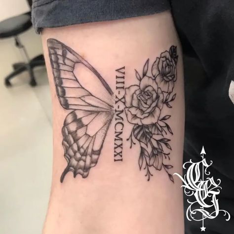 Butterfly Tattoo With Roman Numerals, Roman Numerals Tattoo Ideas, Roman Numerals Tattoo, Numerals Tattoo, Tattoo Ideas With Meaning, Medusa Tattoo Design, Roman Numeral Tattoos, Number Tattoos, New Tattoo Designs